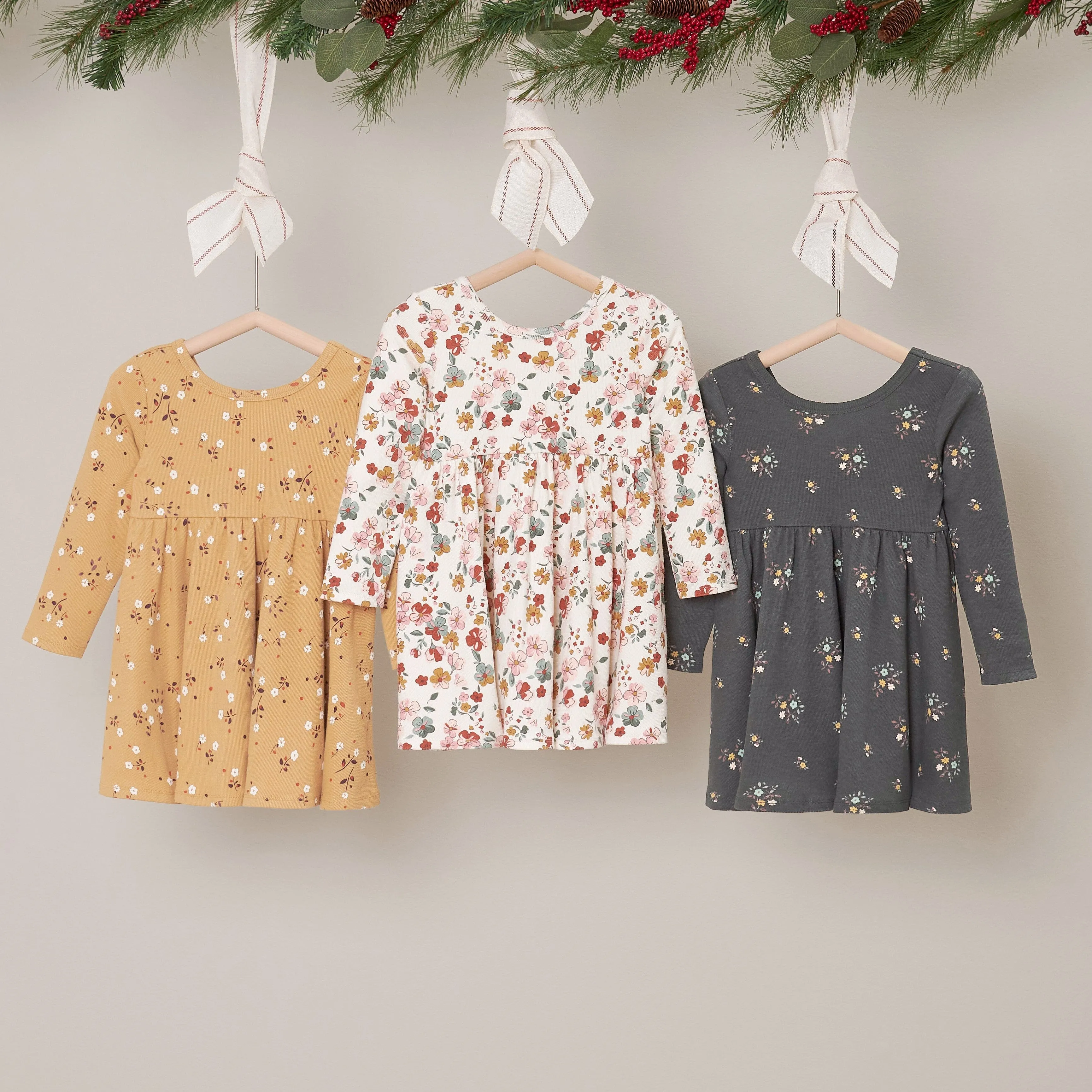 2-Pack Infant & Toddler Girls Mustard Floral Long Sleeve Dresses