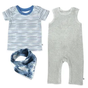 3-Piece Organic Cotton Rib Romper, T-Shirt and Reversible Bib