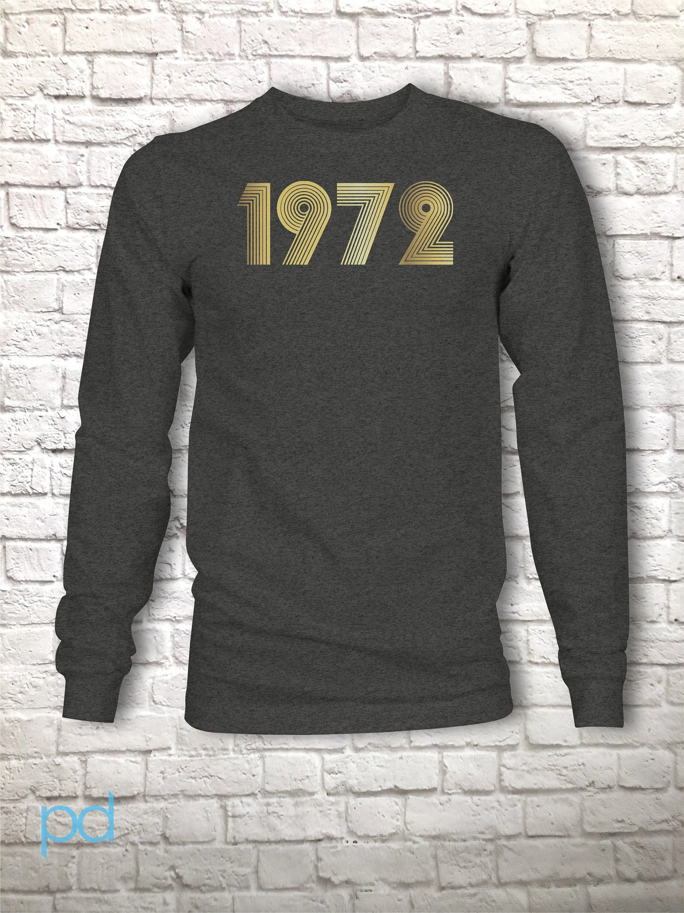 50th Birthday Gift Longsleeve T Shirt Metallic Print Gold, Silver, 1972 T-Shirt in Vintage Retro 70s style font, Fiftieth Present Unisex Top