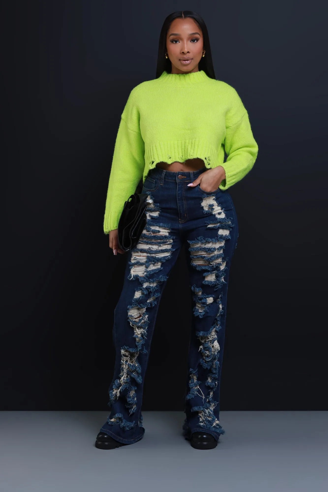 Amp Up Cropped Mock Neck Cropped Sweater - Green