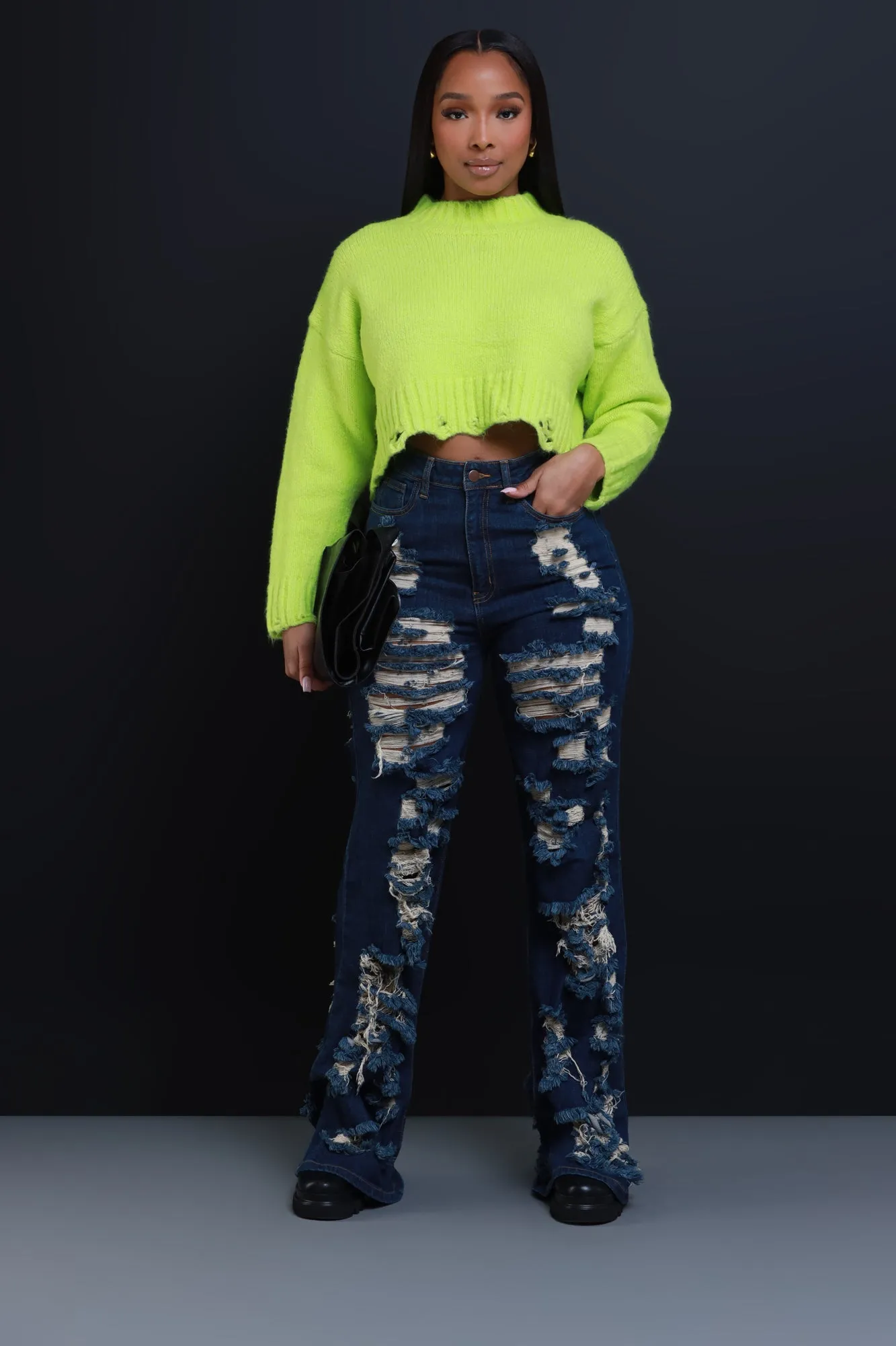 Amp Up Cropped Mock Neck Cropped Sweater - Green