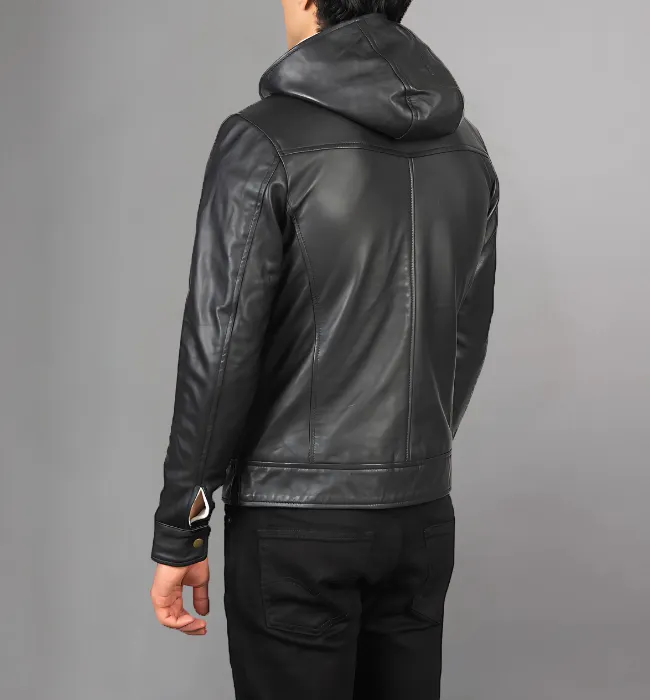 Baston Black Hooded Leather Bomber Jacket