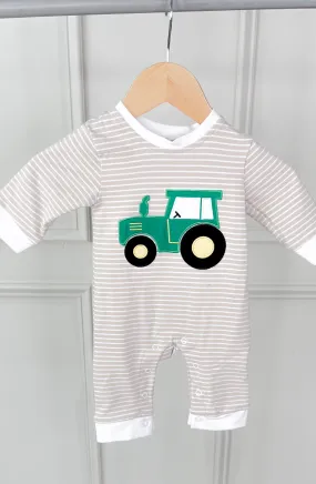 Beige Stripe Tractor Applique Boy's Romper