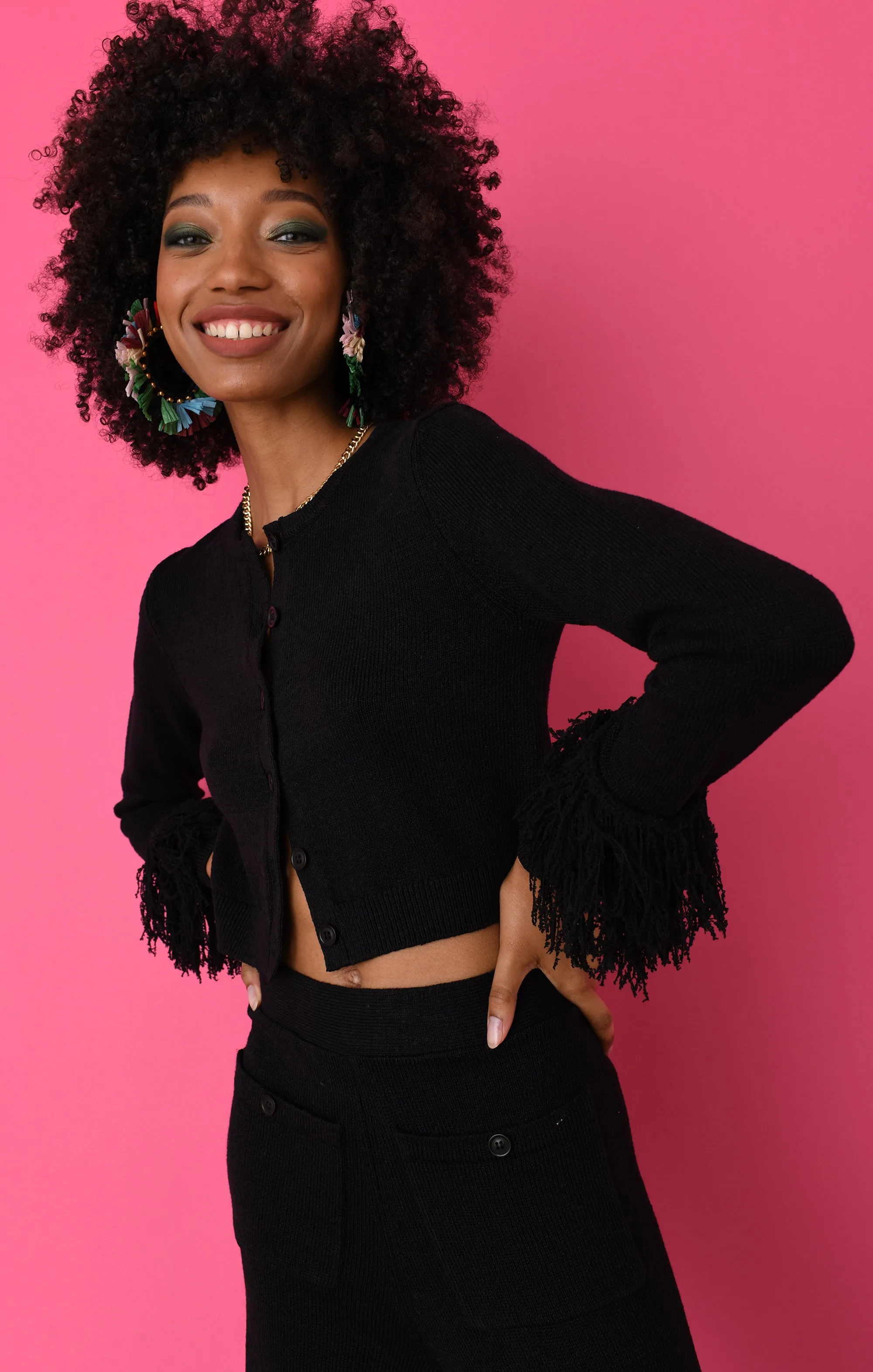 Black Linen Fringe Crop Cardigan