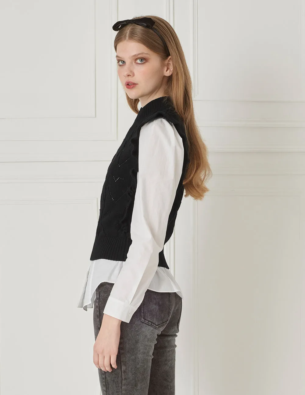 BORA AKSU Half Turtleneck Cutout Textured Wool Vest