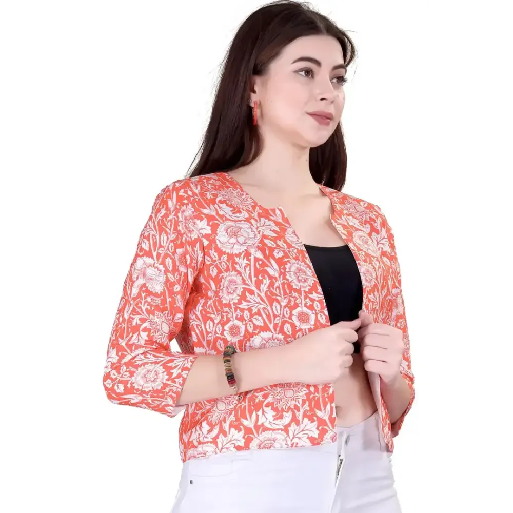 Bridezone Women's Casual Chanderi Printed Shrug(Peach)