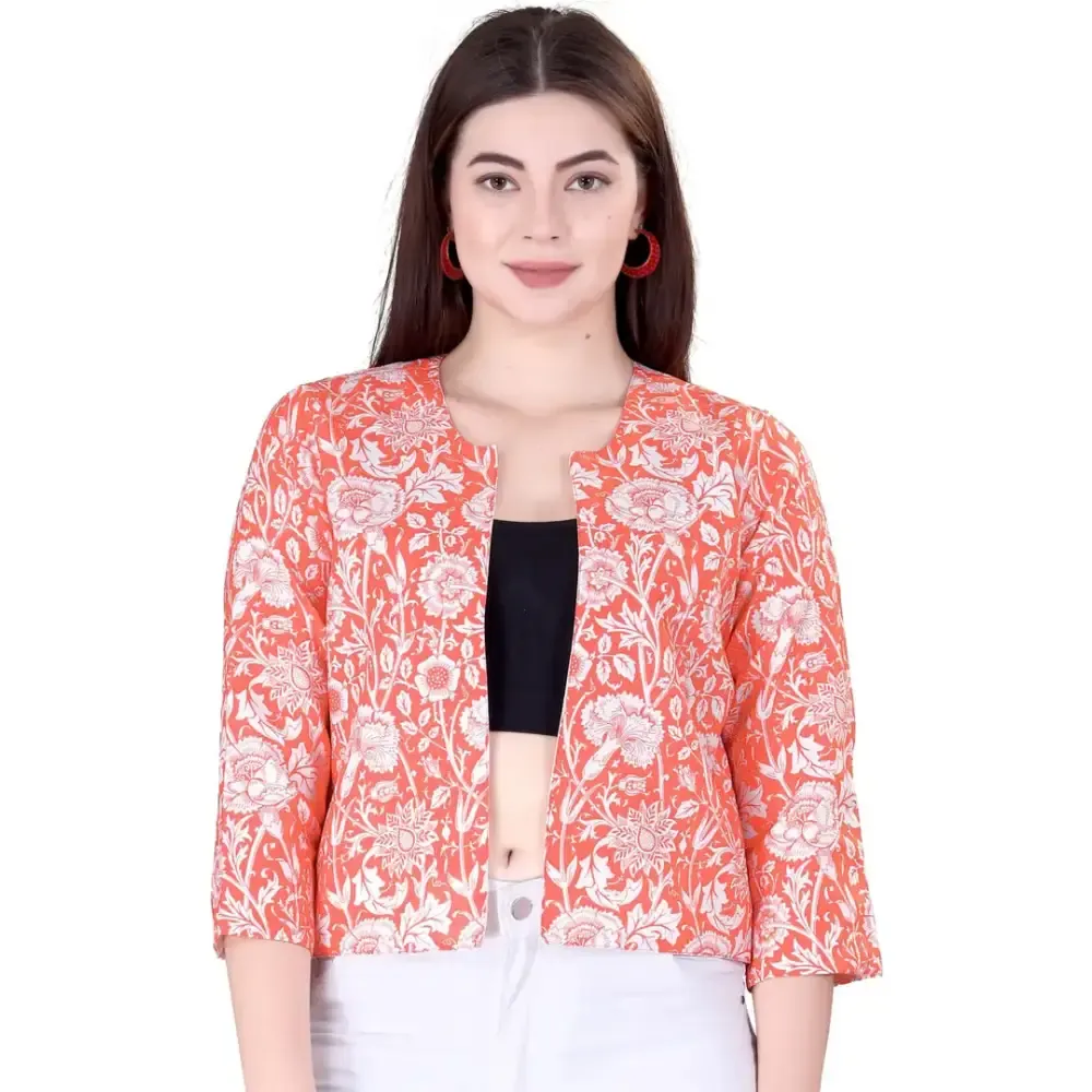 Bridezone Women's Casual Chanderi Printed Shrug(Peach)