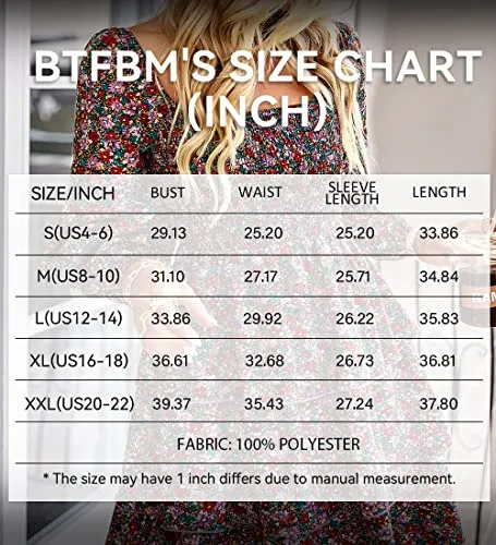 BTFBM Women 2023 Spring Summer Square Neck Smocked Dresses Long Sleeve Floral Swiss Dot Ruffle Party Mini Babydoll Dress(Floral Red Pink, Medium)