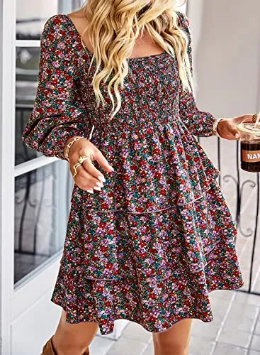 BTFBM Women 2023 Spring Summer Square Neck Smocked Dresses Long Sleeve Floral Swiss Dot Ruffle Party Mini Babydoll Dress(Floral Red Pink, Medium)