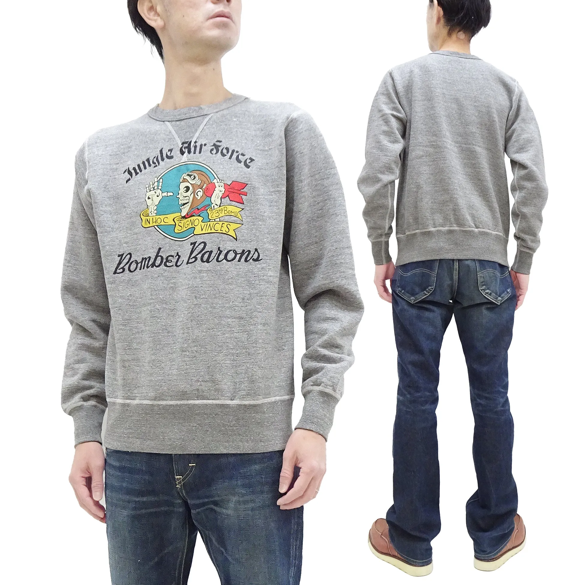 Buzz Rickson Sweatshirt Men's WW2 Bomber Barons Military Graphic Loop-wheeled Vintage Style BR69338 113 Heather-Gray