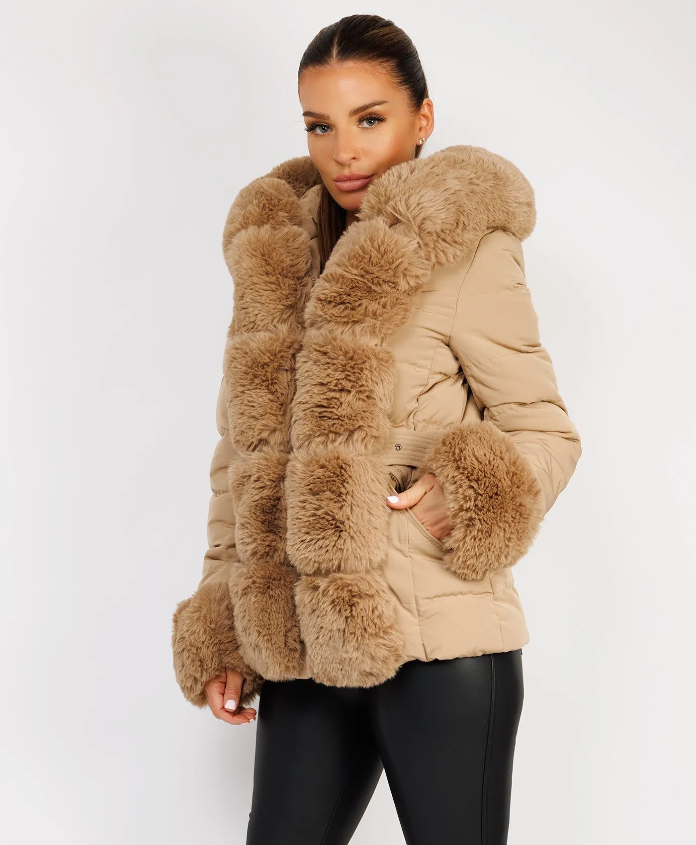 Camel Premium Faux Fur Trim Padded Parka Coat