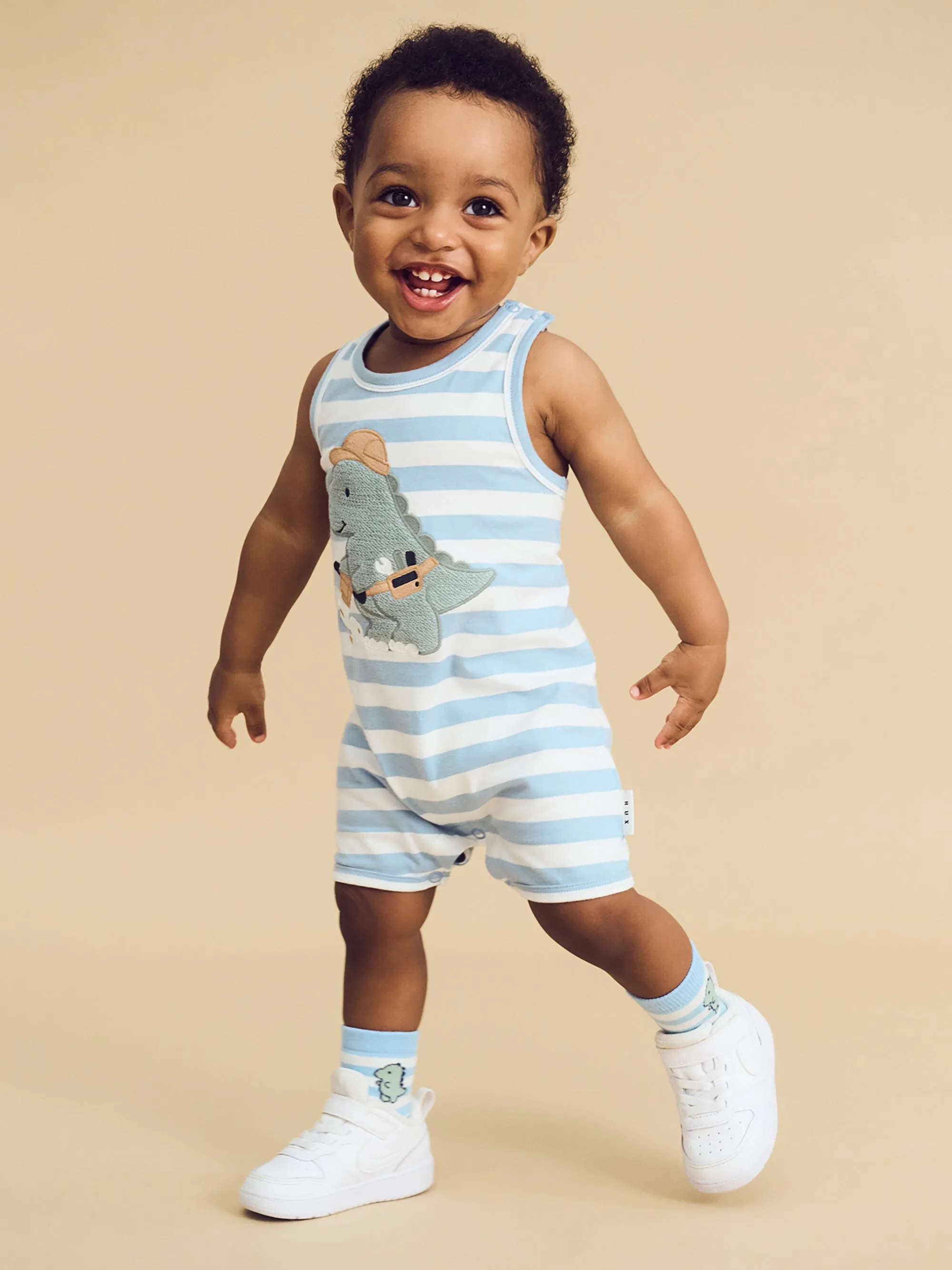 CONSTRUCTION DINO STRIPE SLEEVELESS ROMPER