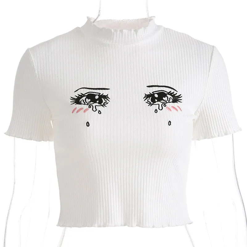 Cotton Embroidery Short Sleeve Casual Cropped Top