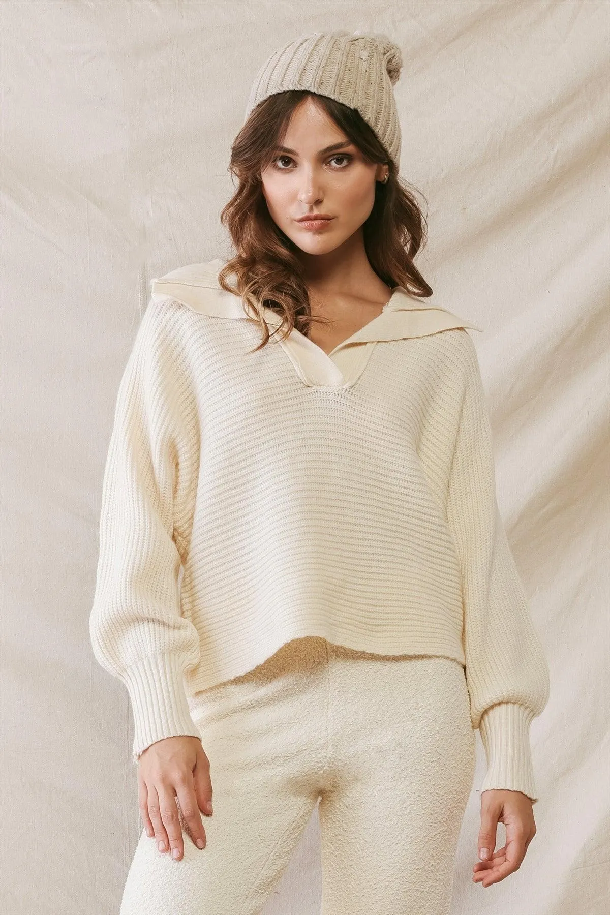 Cream Knit Collared Long Sleeve Cropped Sweater /2-2-2