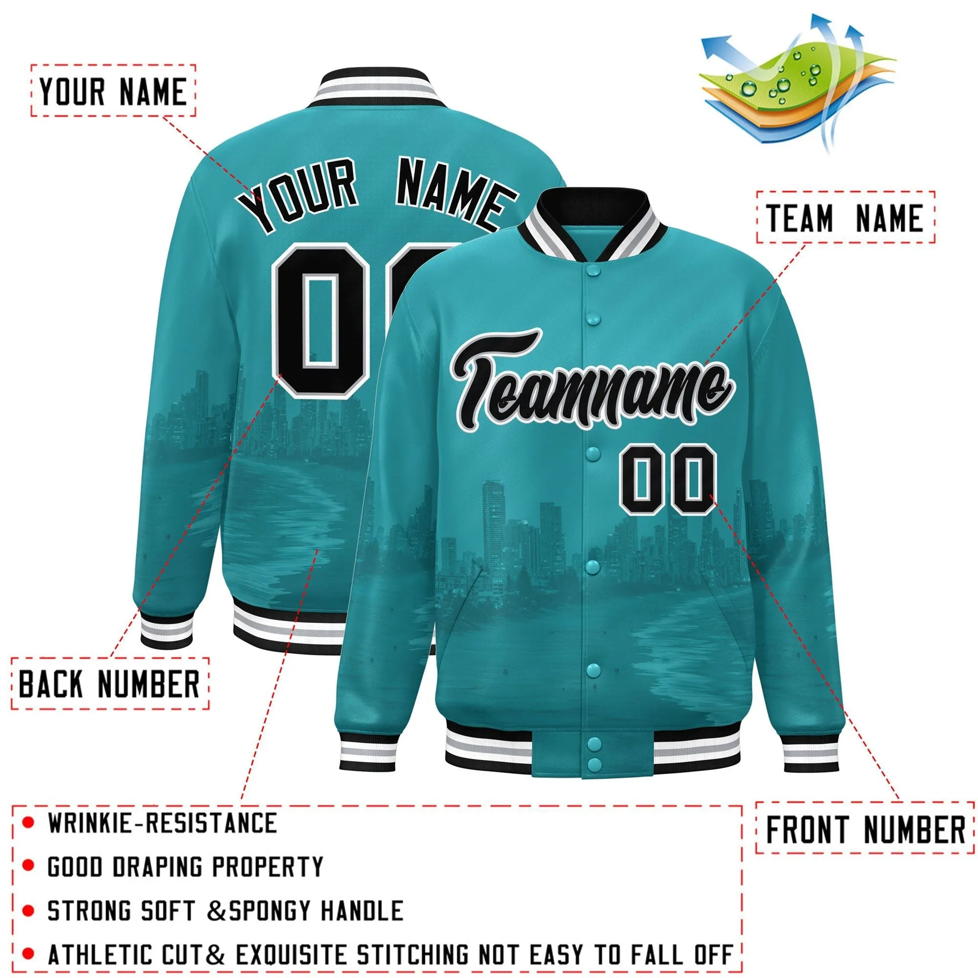 Custom Aqua Black-White Miami City Connect Track Varsity Full-Snap Jacket