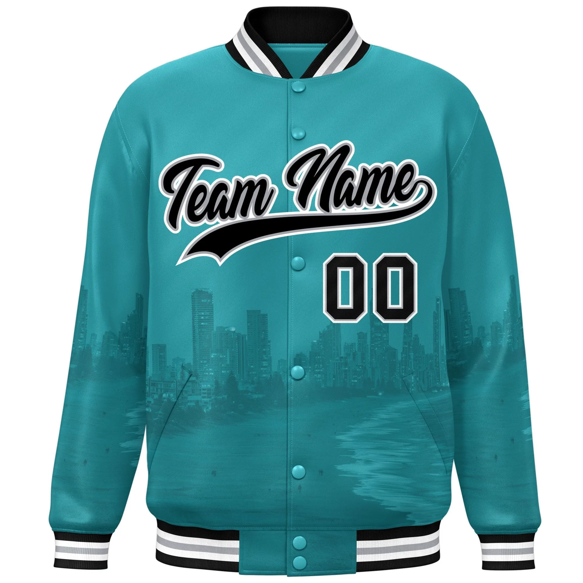 Custom Aqua Black-White Miami City Connect Track Varsity Full-Snap Jacket