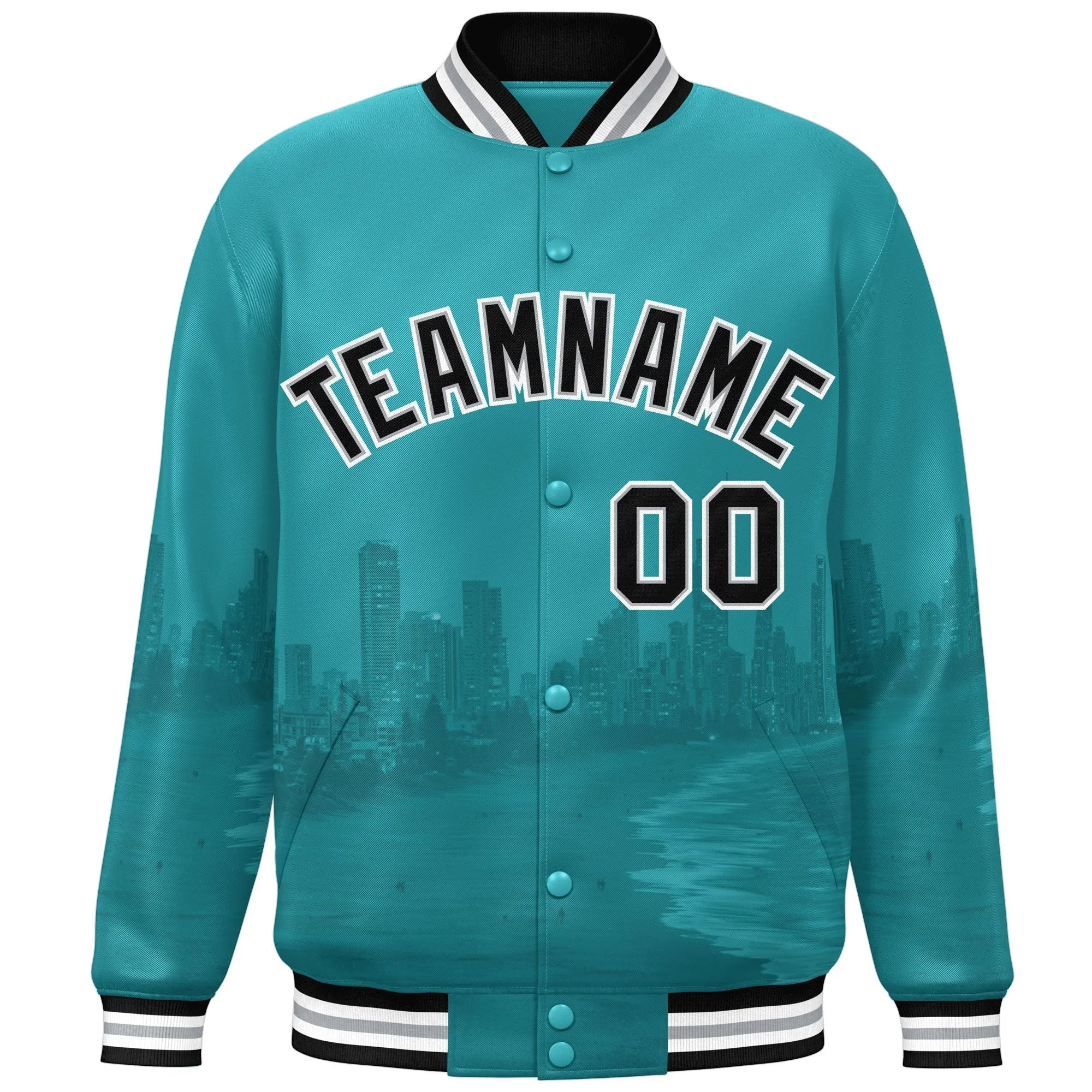 Custom Aqua Black-White Miami City Connect Track Varsity Full-Snap Jacket