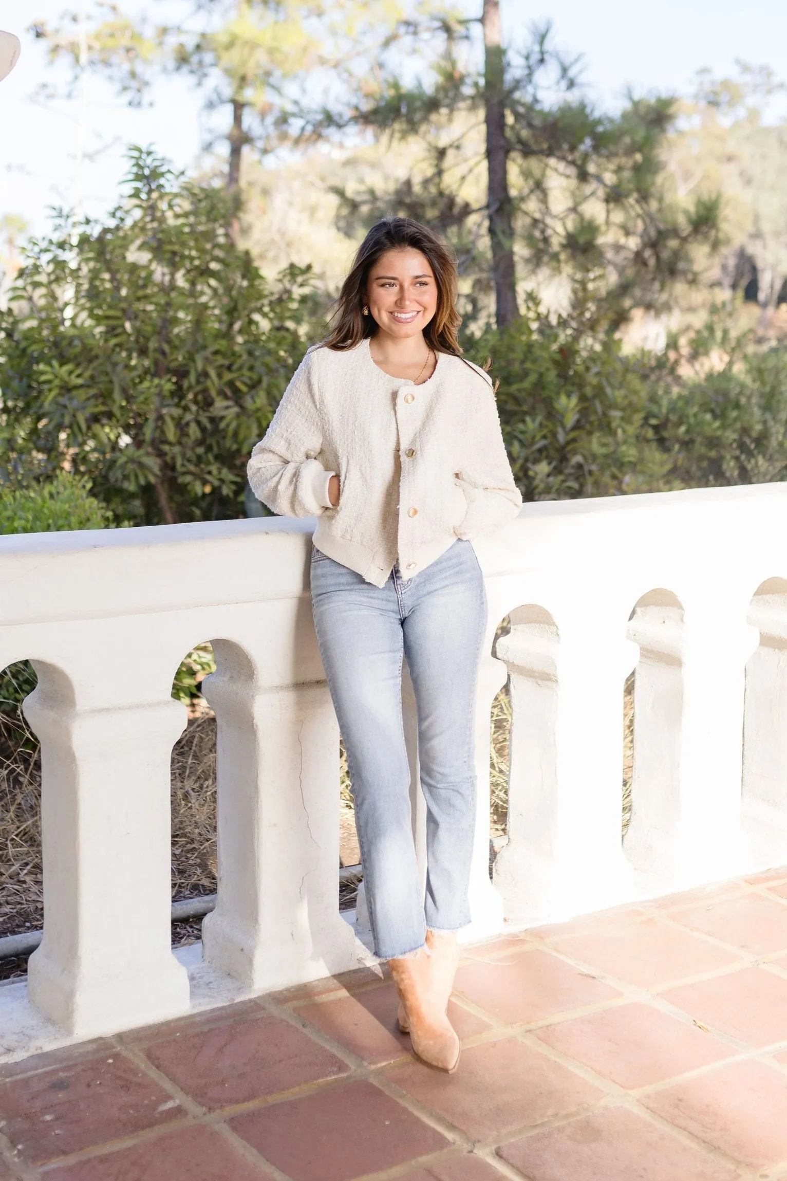 Dakota Long Sleeve Tweed Bomber Jacket Ivory