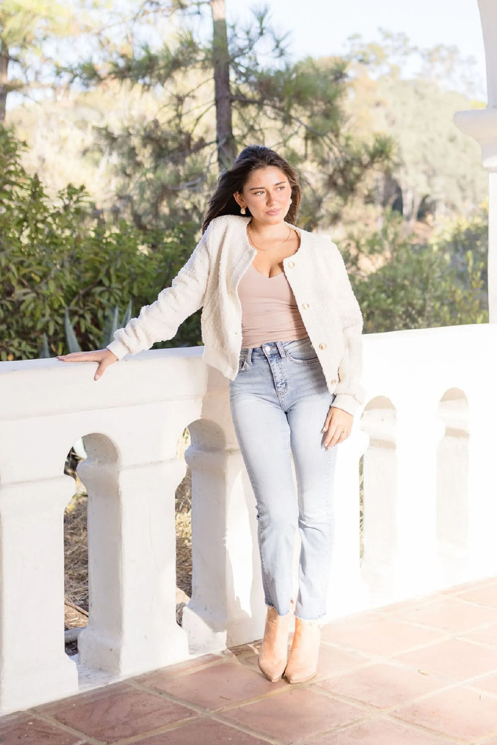 Dakota Long Sleeve Tweed Bomber Jacket Ivory