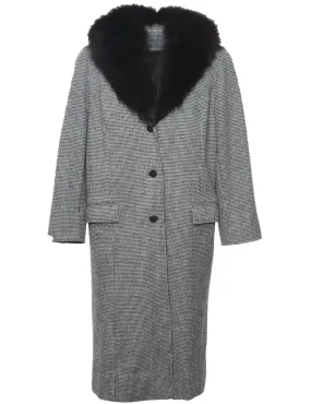 Dogtooth Faux Fur Trim Black, Grey & White Wool Coat - L