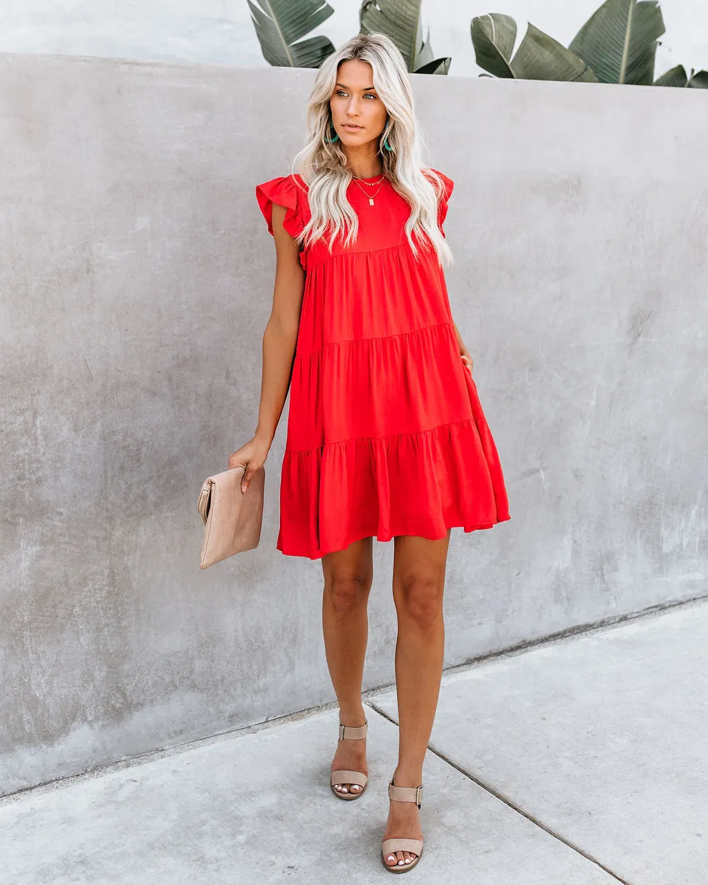 East Coast Pocketed Tiered Babydoll Dress - Red