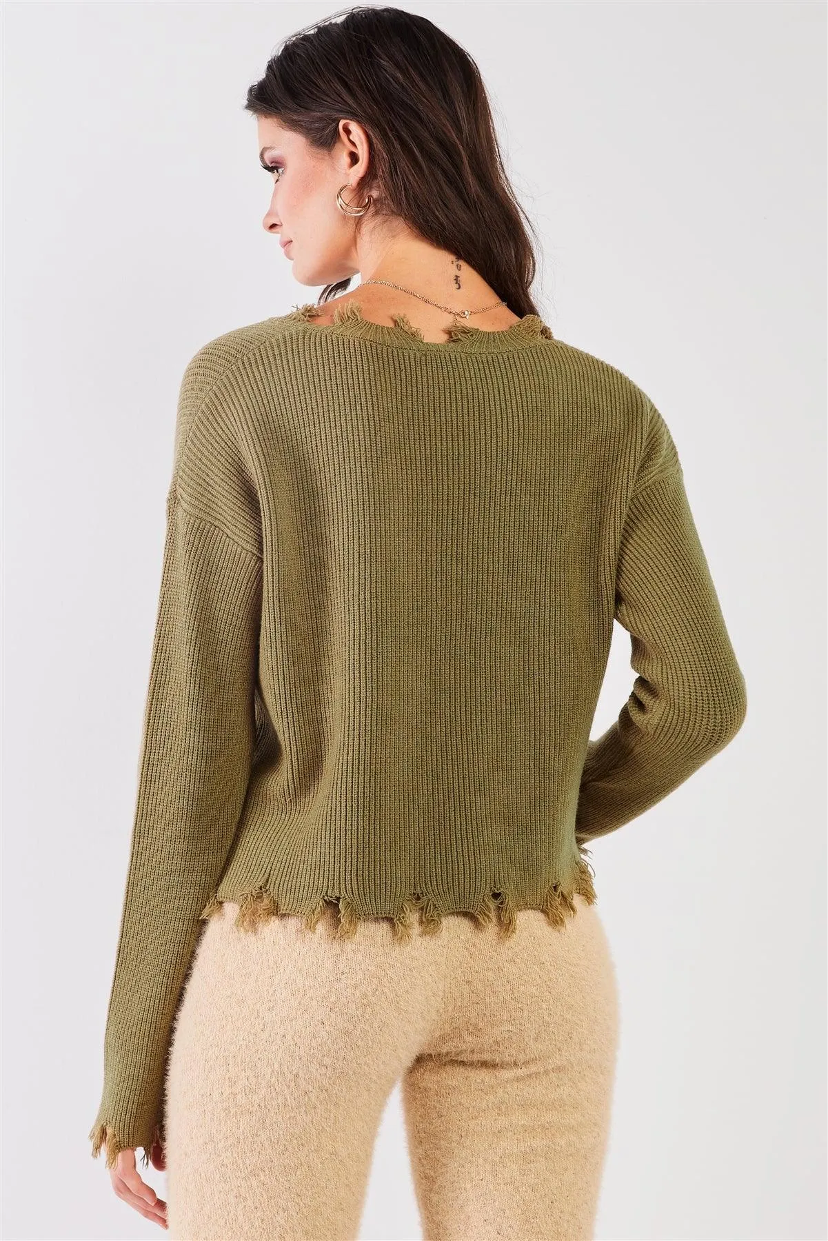 Fern Green Knit Drop Shoulder Long Sleeve V-Neck Distressed Fringe Hem Crop Sweater /3-2-1