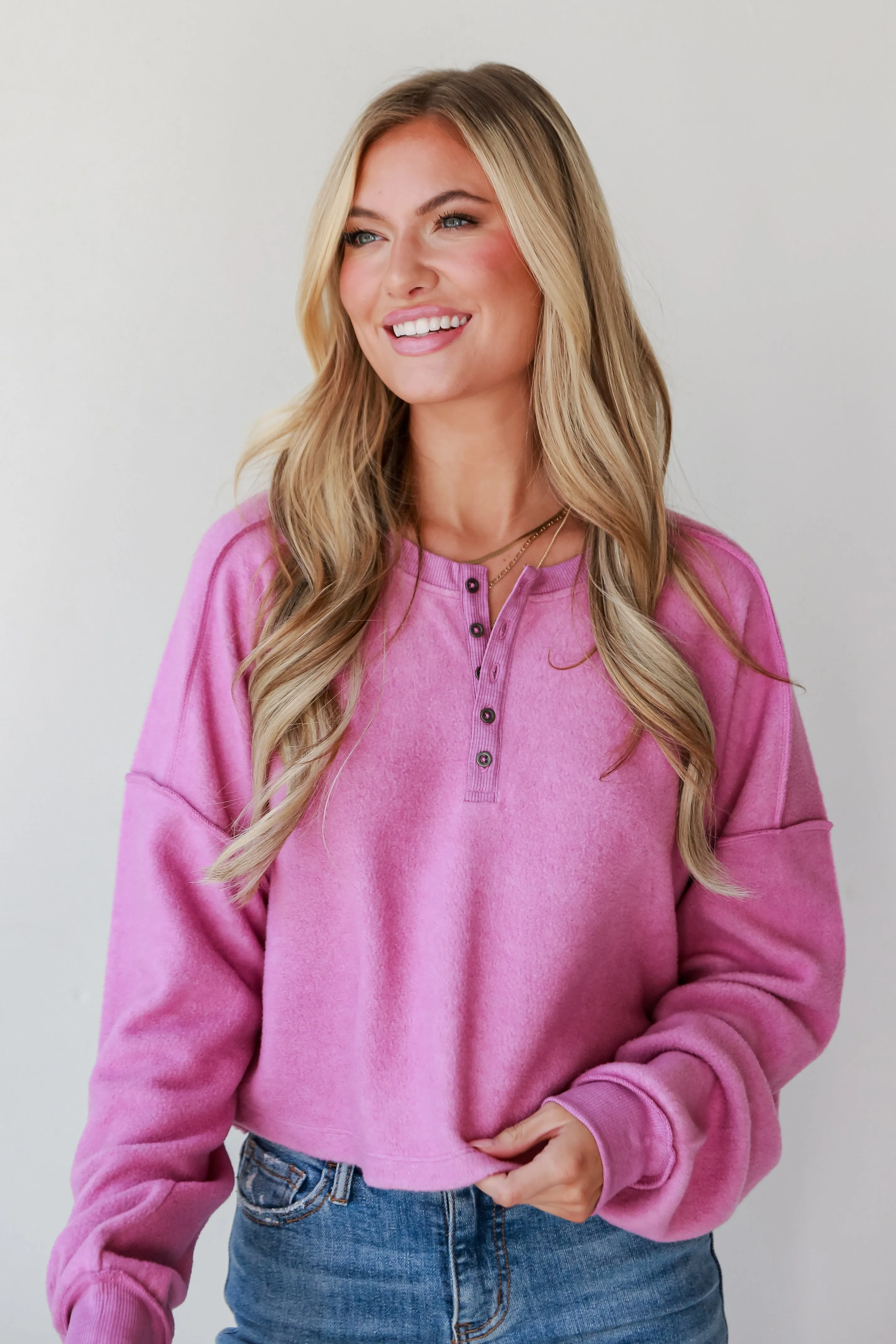 FINAL SALE - Jade Orchid Fleece Henley Top - DOORBUSTER