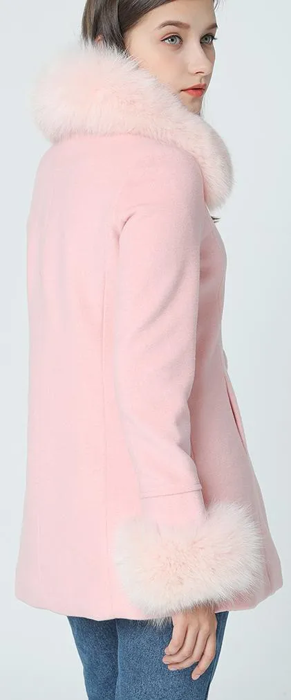 Fox-Fur-Trim Short Pink Coat