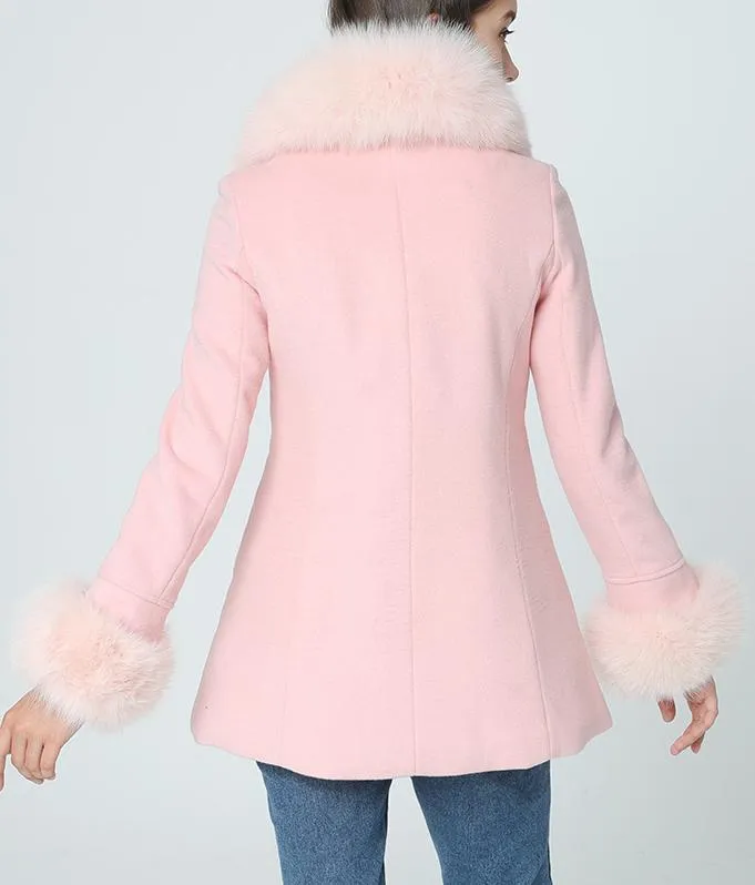 Fox-Fur-Trim Short Pink Coat