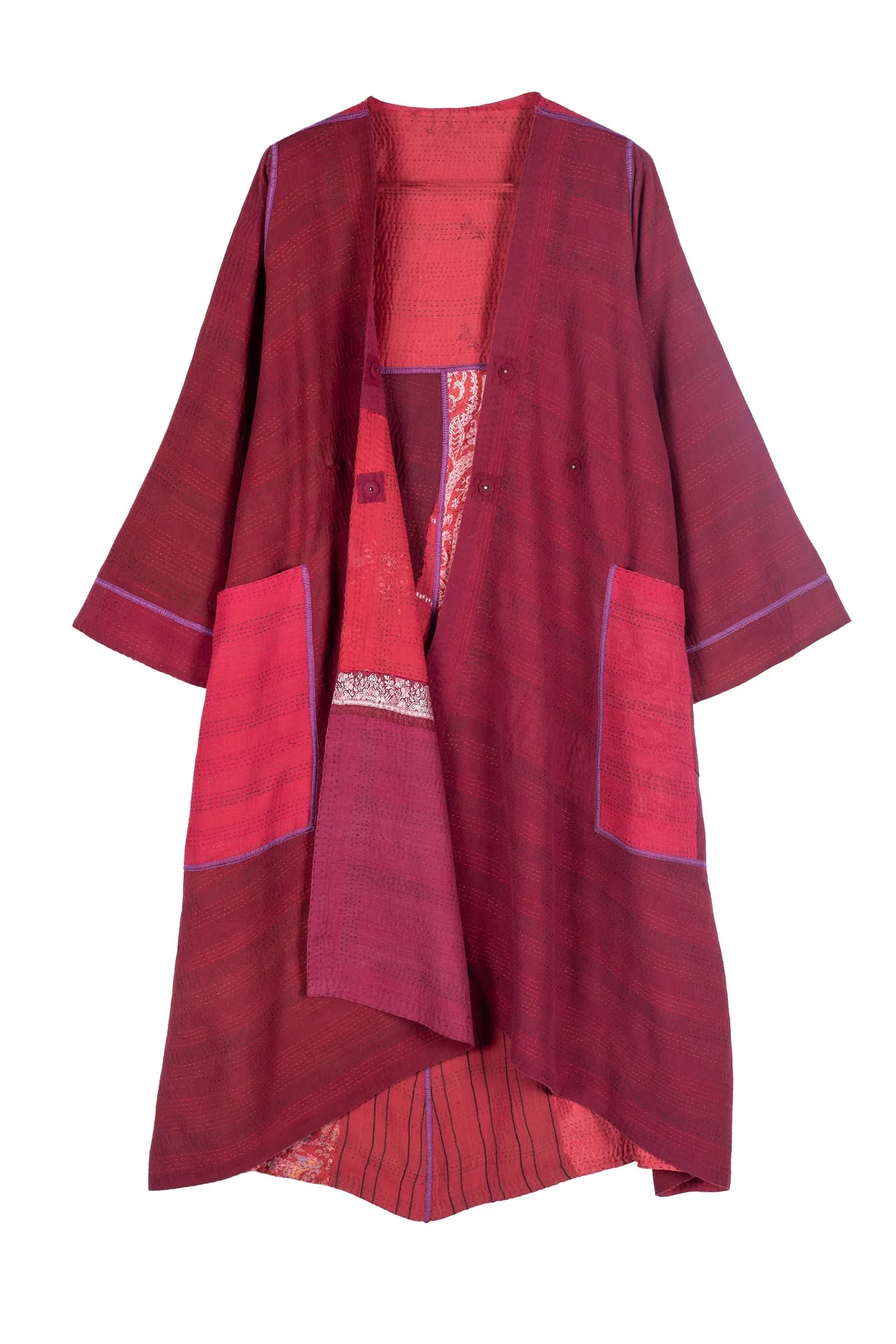 FRAYED PATCH WITH BROCADE KANTHA WRAP FLARE COAT - fb2330-red -