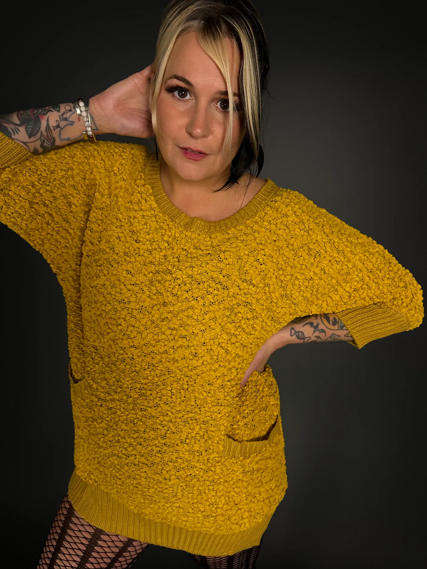 Fuzzy Short Indie Sweater Dress with Pockets in Mustard Yellow