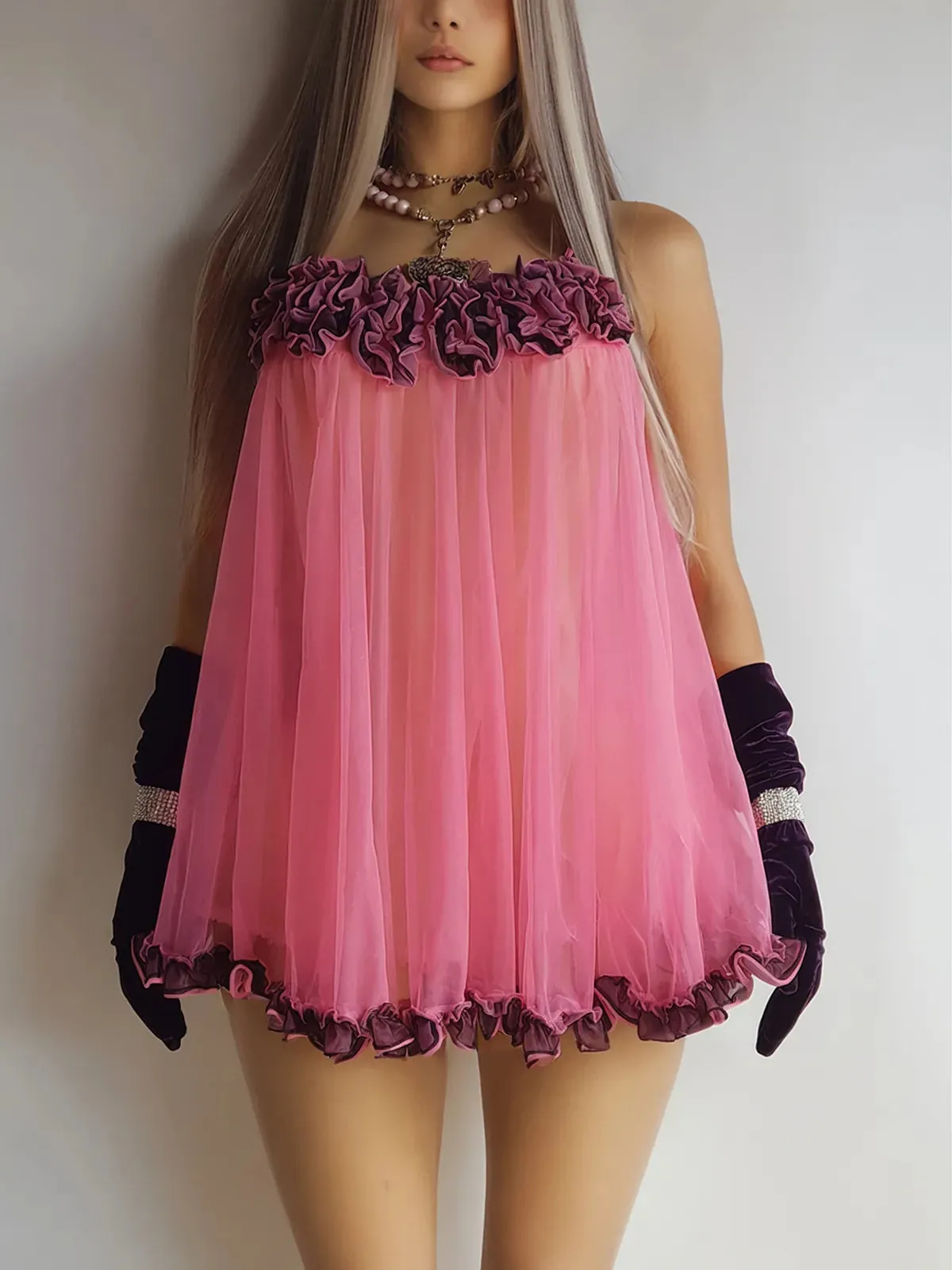 Incredible 1960s Hollywood - Jayne Mansfield- Pink & Black - Mesh Multi-layered Babydoll Mini Dress