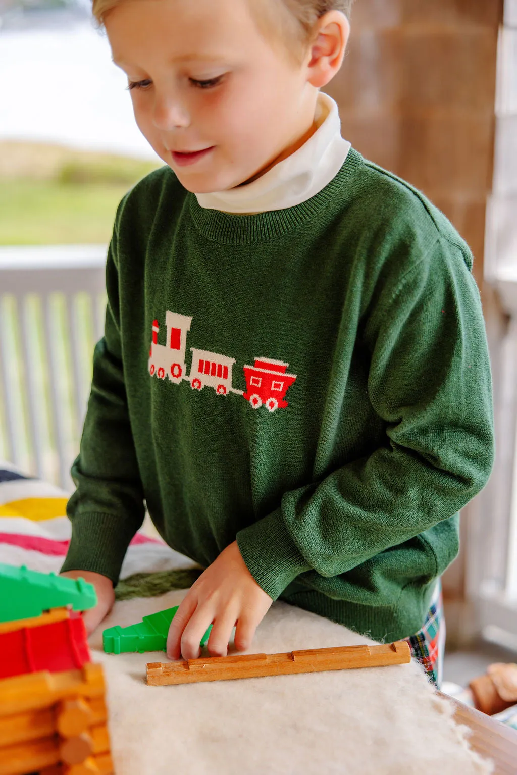 Isaac's Intarsia Sweater - Grier Green with Train Intarsia