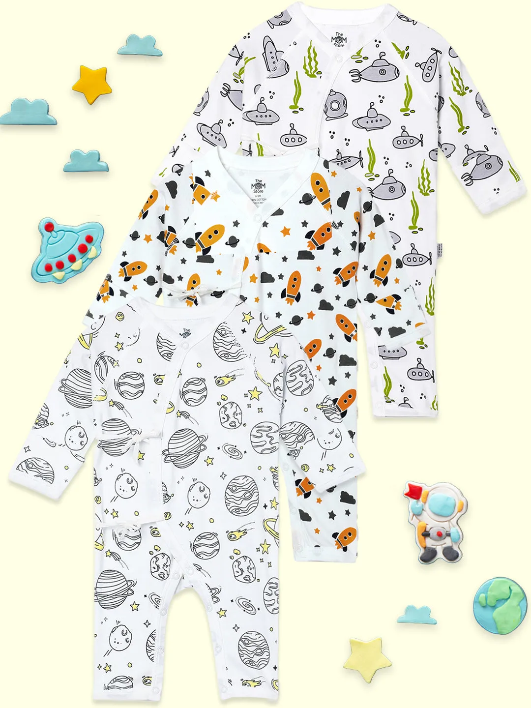 Jabla Style Infant Romper Combo of 3-Planet World-Submarine Ride-Tour to the Space