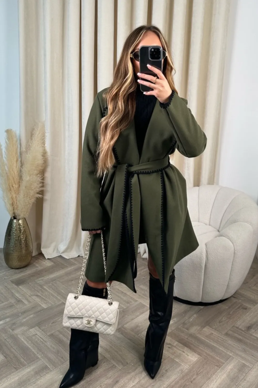 Katrina khaki belted wool like long coat