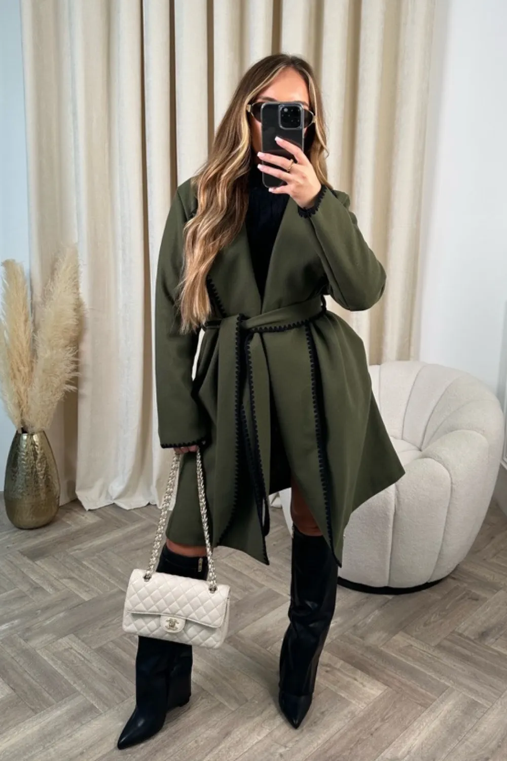 Katrina khaki belted wool like long coat