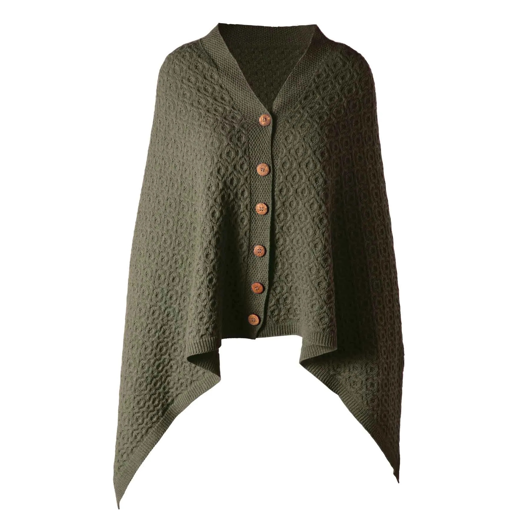 Lambswool Aran Knit Poncho- Army Green