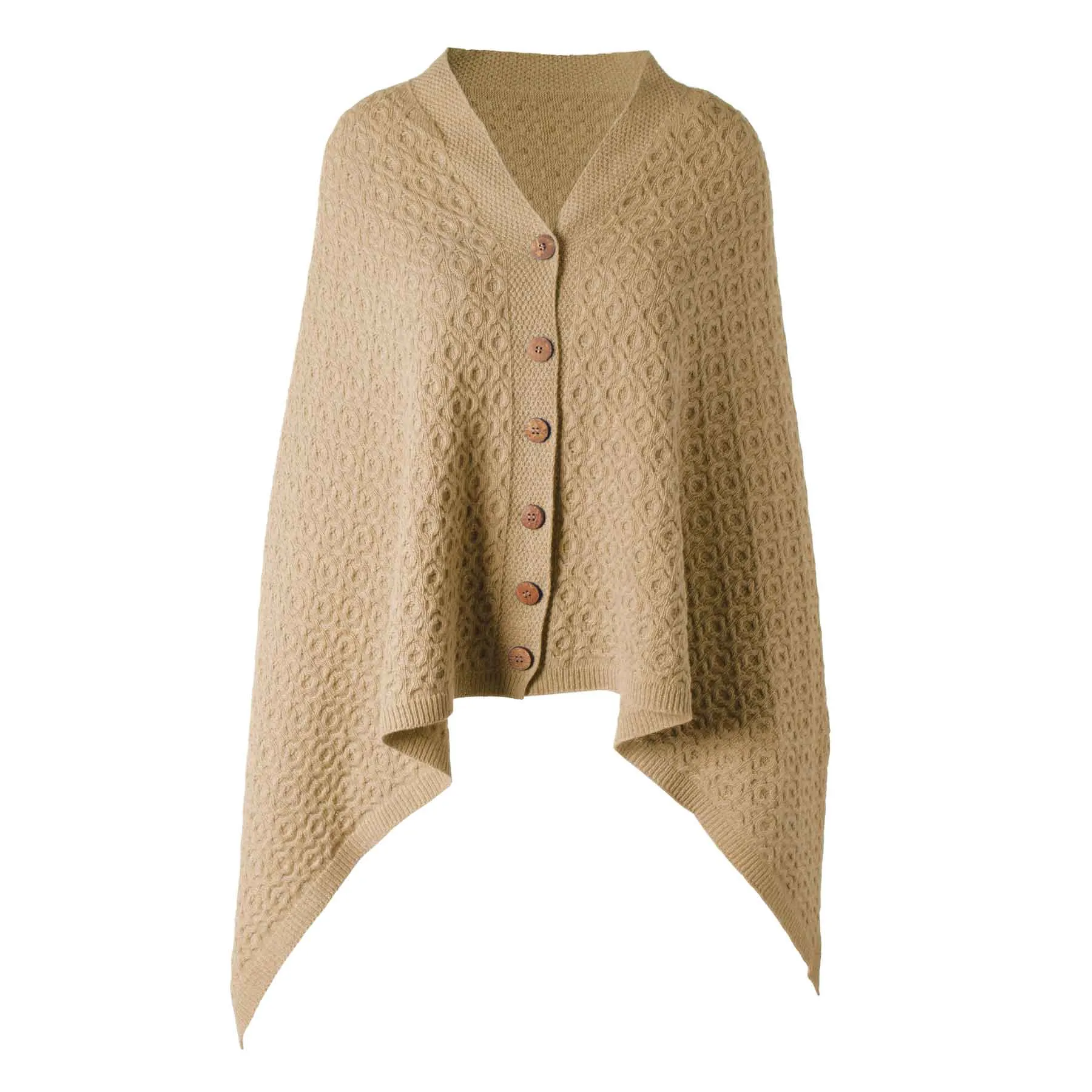 Lambswool Aran Knit Poncho- Camel