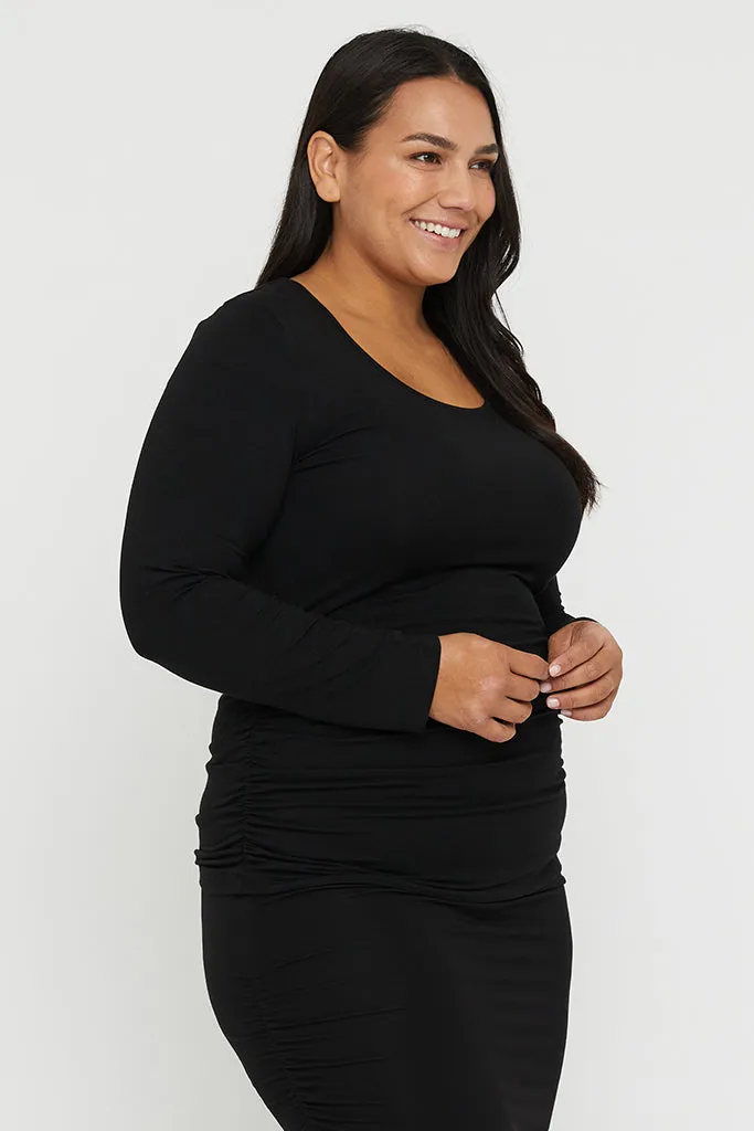 Long Sleeve Ruched Bamboo Tee - Black