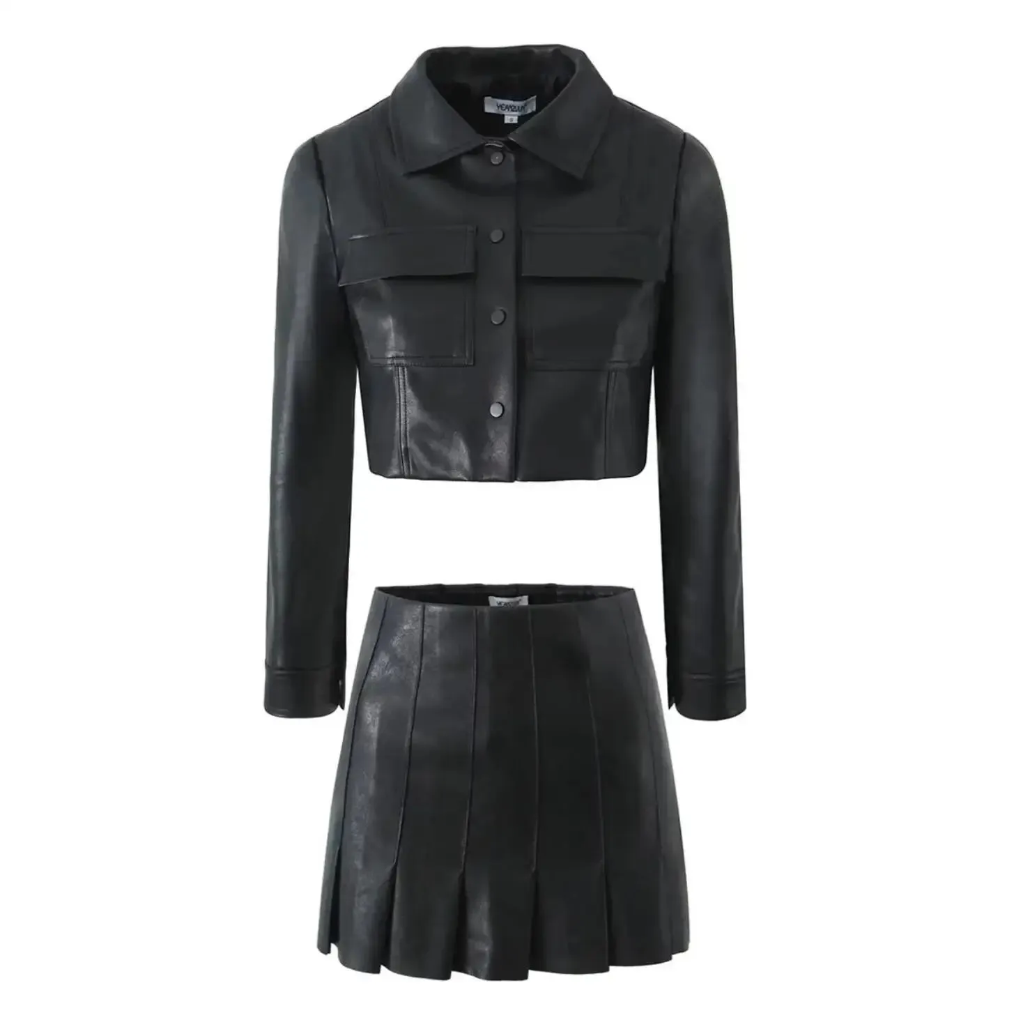 Matching Set Sexy Women Lapel Double Pockets Faux Leather Crop Jacket High Waist Mini Pleated Skirt Sets Black