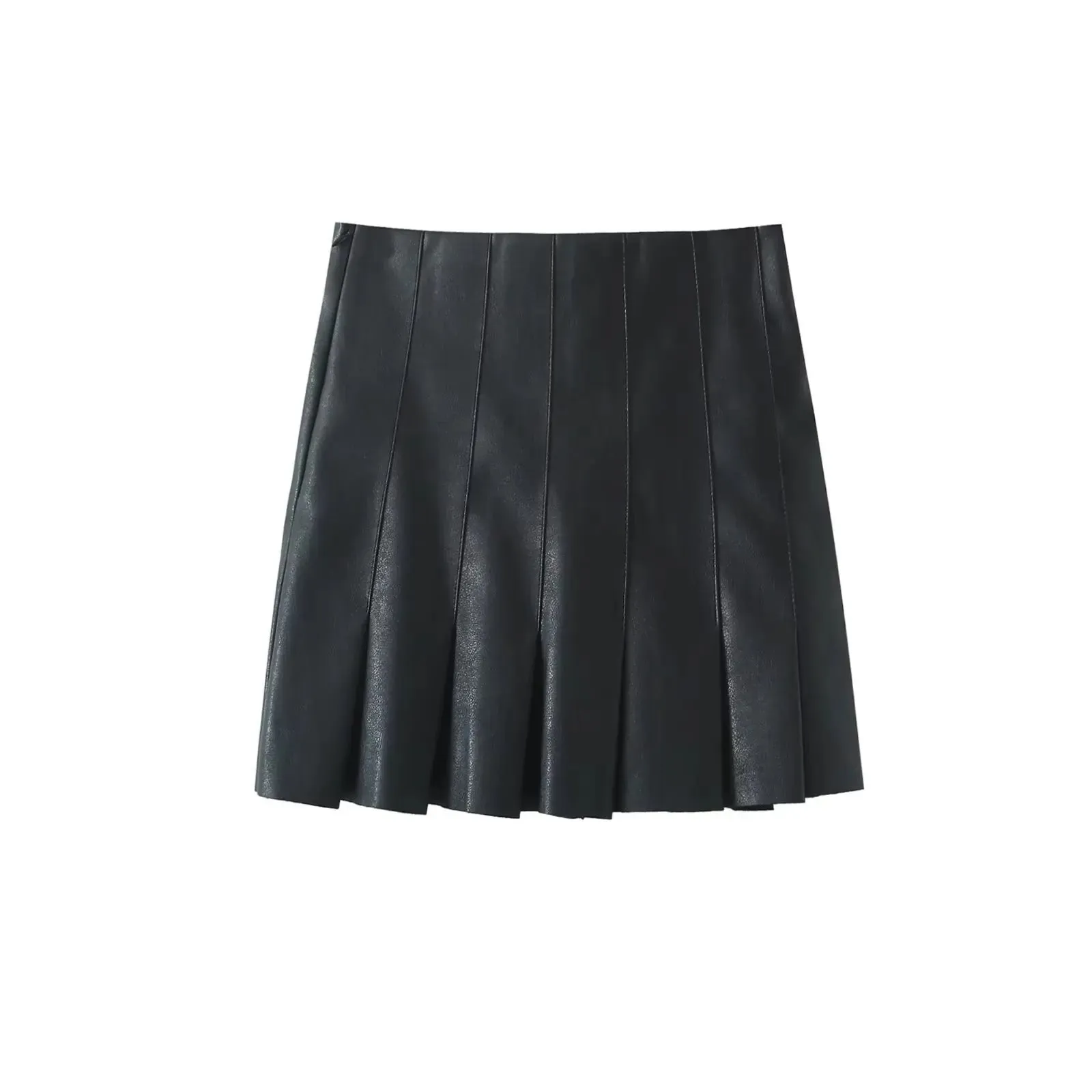 Matching Set Sexy Women Lapel Double Pockets Faux Leather Crop Jacket High Waist Mini Pleated Skirt Sets Black