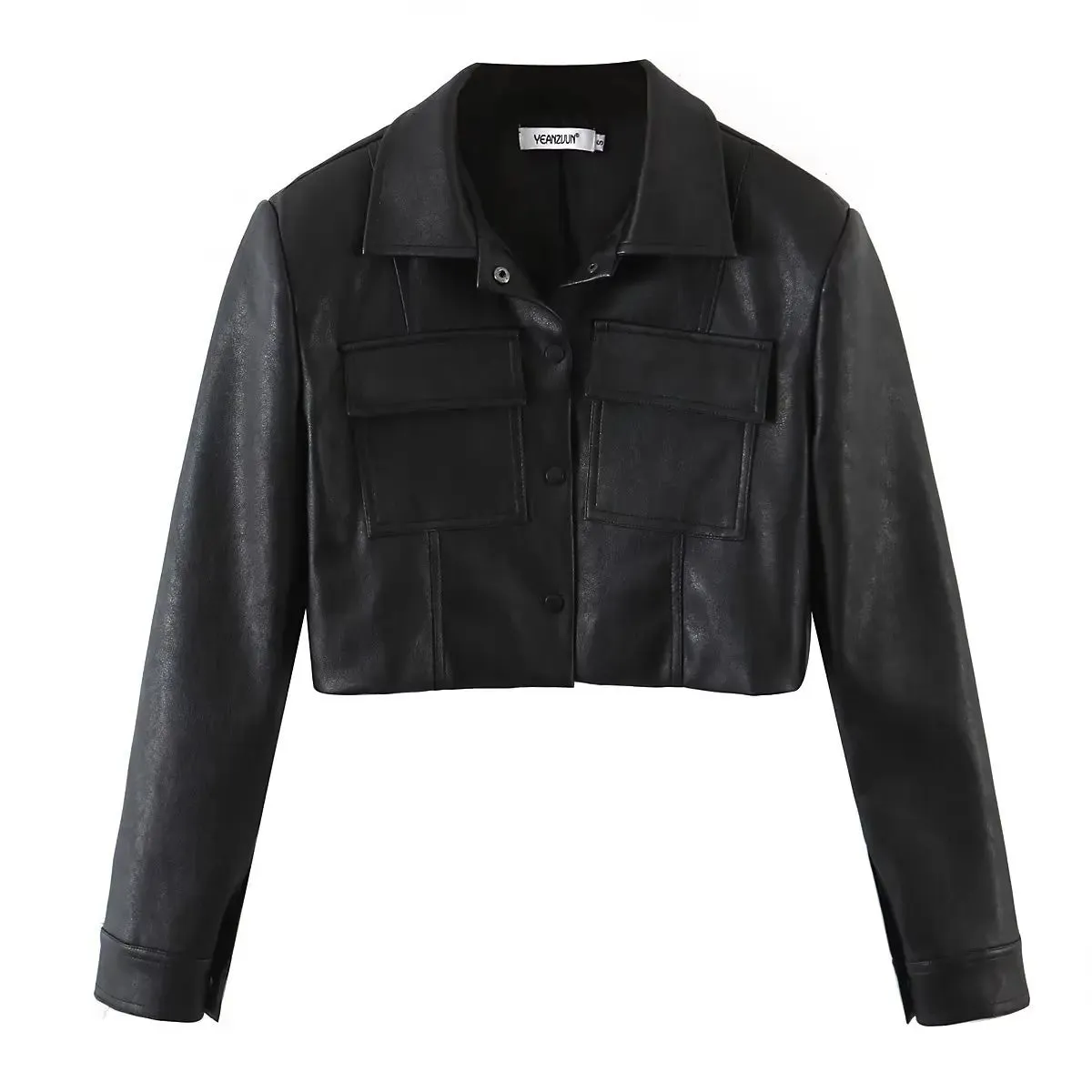 Matching Set Sexy Women Lapel Double Pockets Faux Leather Crop Jacket High Waist Mini Pleated Skirt Sets Black