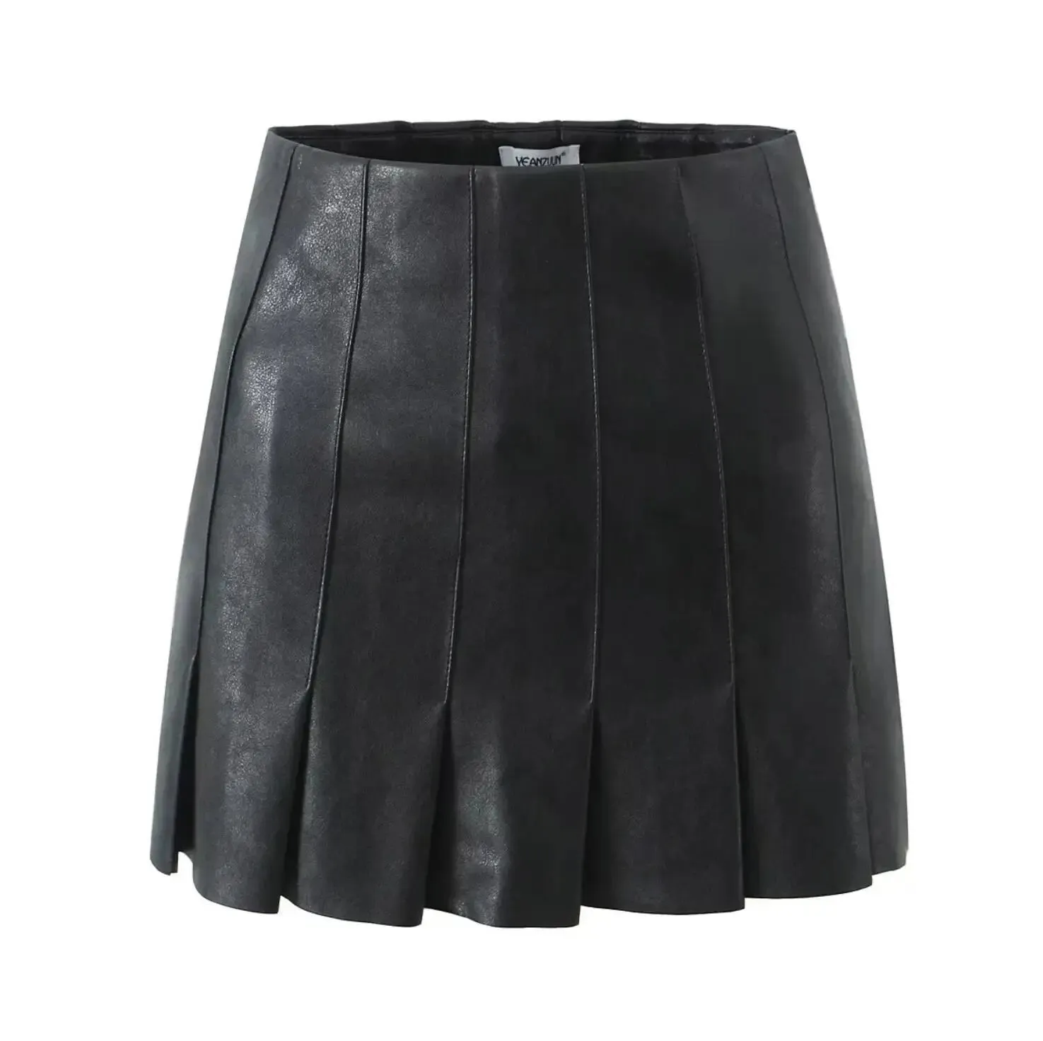 Matching Set Sexy Women Lapel Double Pockets Faux Leather Crop Jacket High Waist Mini Pleated Skirt Sets Black