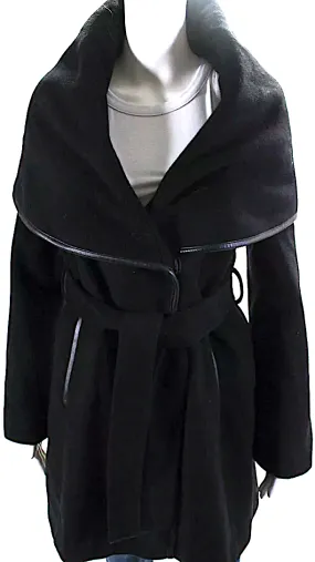 Menchi For Intermix Black Wool Fleece / Leather Trim Coat Jacket