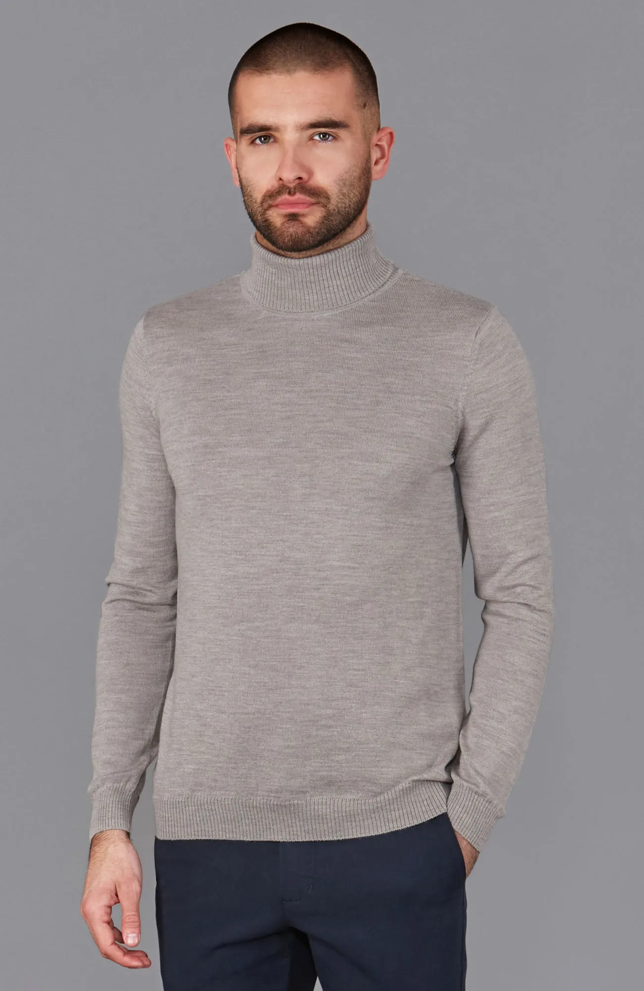 Mens Extra Fine Merino Wool Roll Neck Jumper