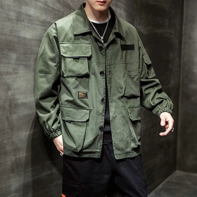 Men's Tooling Thin Jacket Spring New Loose Large Size Trend All-match Multi-pocket Retro Jacket Japanese Cargo Functional Coat