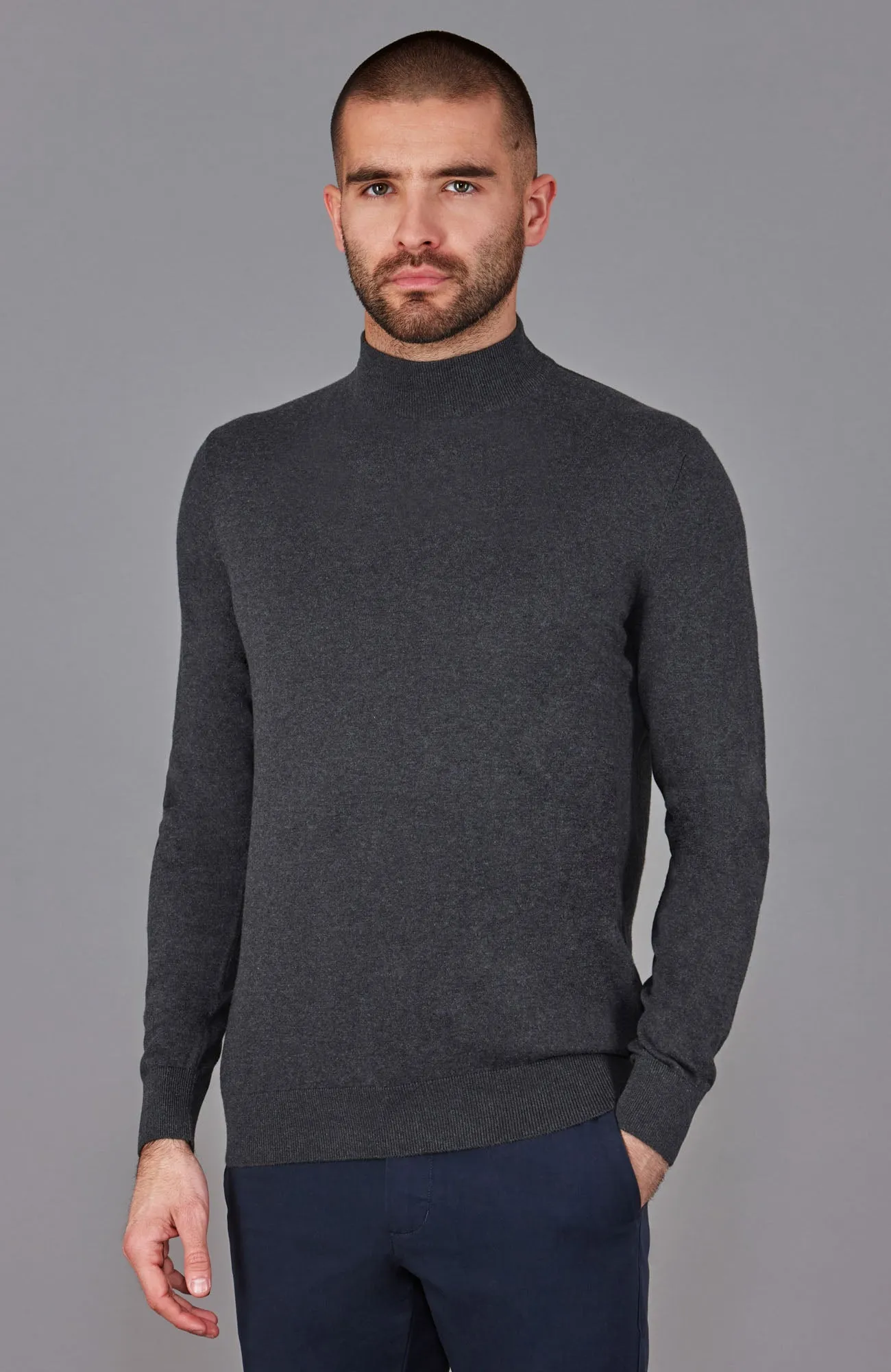 Mens Ultra Fine Cotton Mock Turtle Neck Jumper