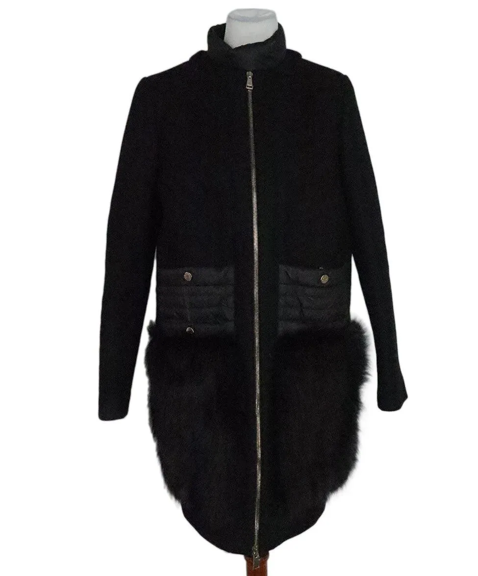 Moncler Black Wool Coat w/ Fur Trim sz 4