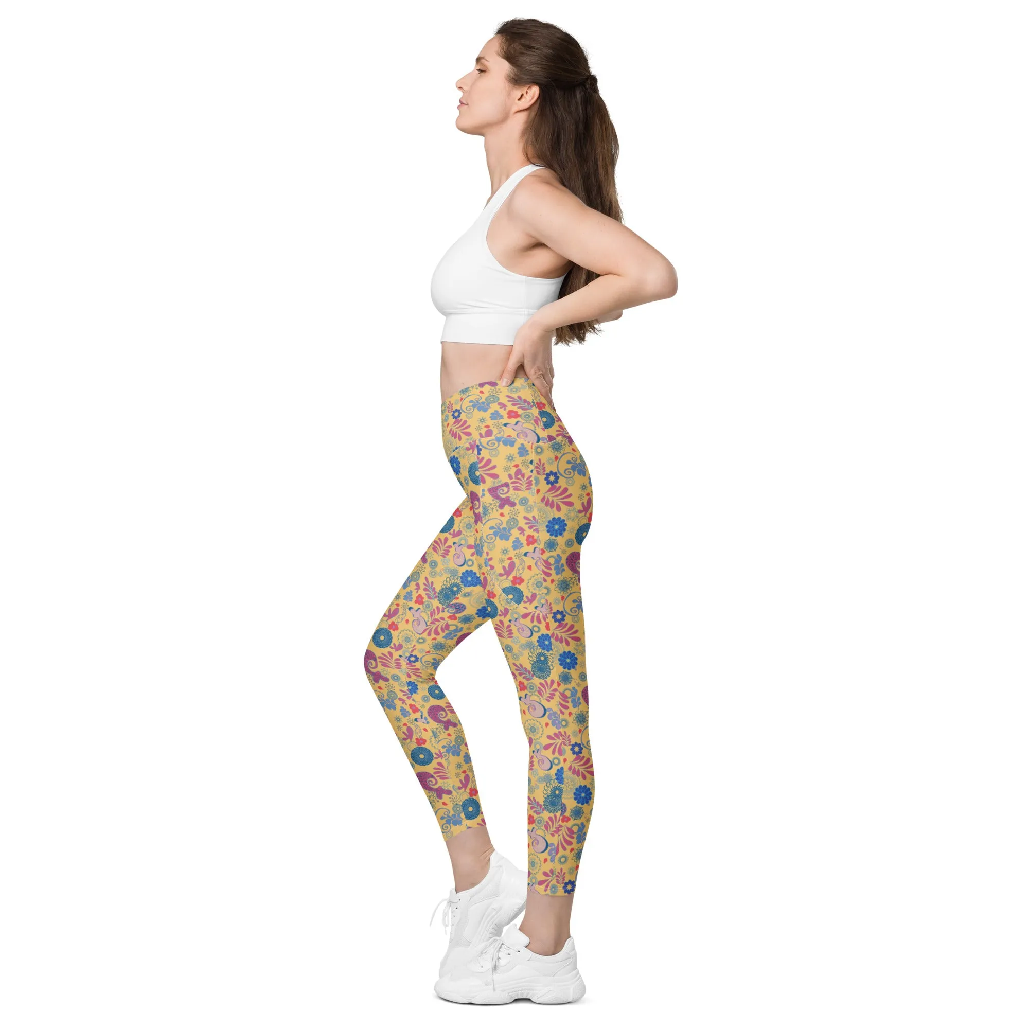 Mustard Paisley Crossover leggings with pockets