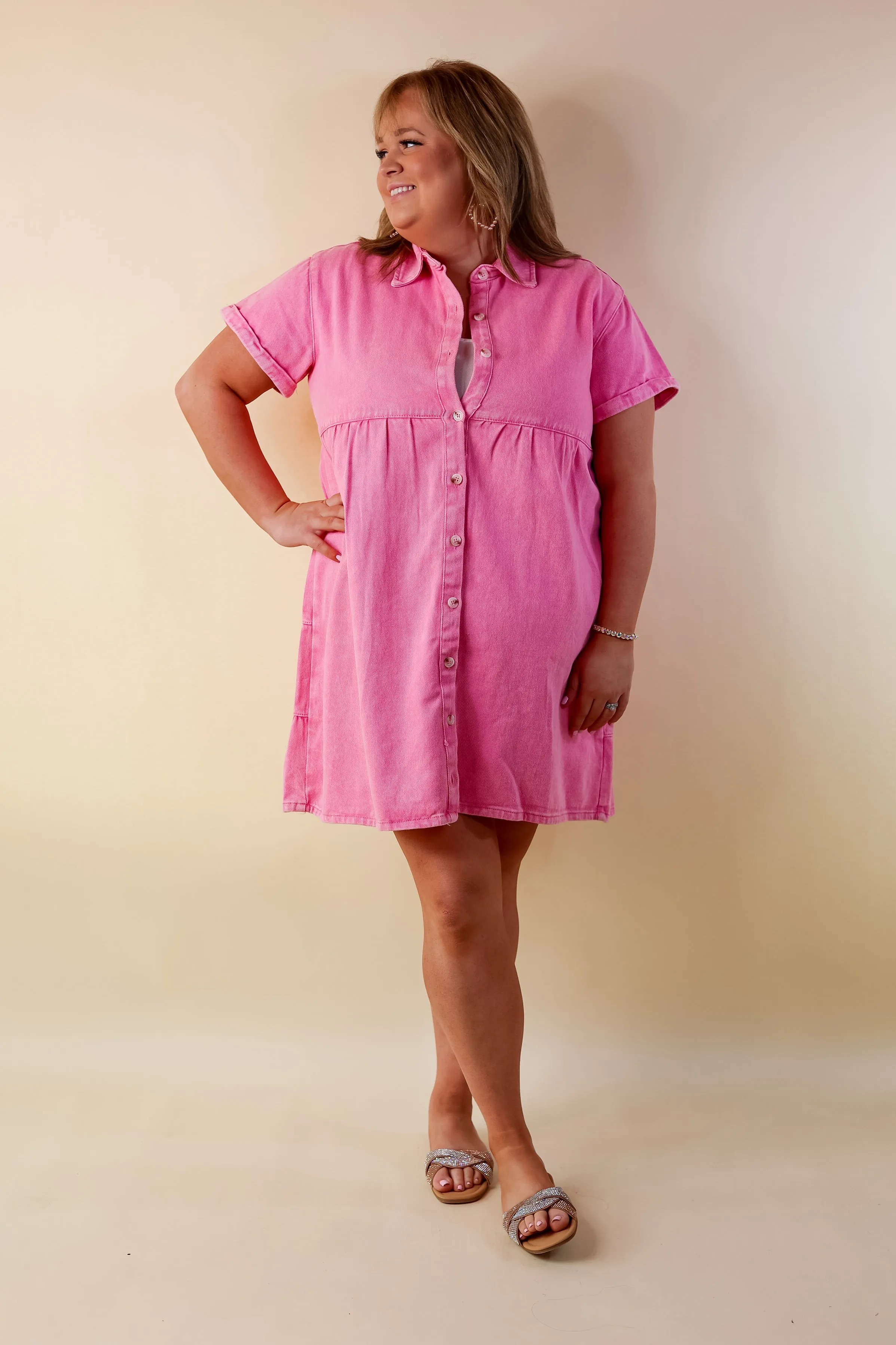 Nice to Meet You Button Up Collared Denim Dress in Pink